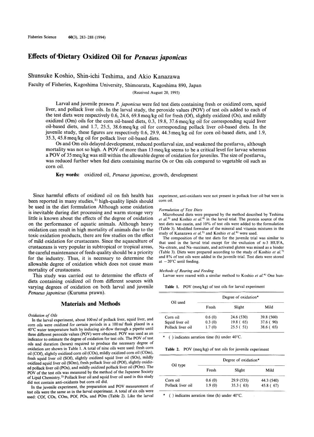 Fisheries Science 60(3), 283-288 (1994) Effects of Dietary Oxidized Oil for Penaeus japonicus Shunsuke Koshio, Shin-ichi Teshima, and Akio Kanazawa Faculty of Fisheries, Kagoshima University,