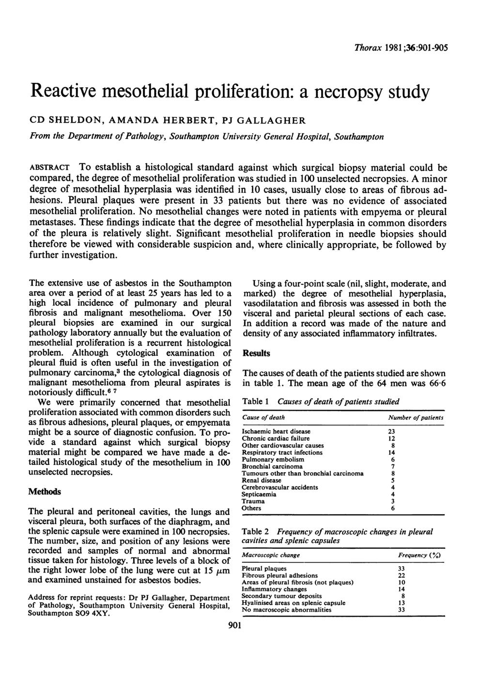 Thorax 1981 ;36:901-905 Reactive mesothelial proliferation: a necropsy study CD SHELDON, AMANDA HERBERT, PJ GALLAGHER From the Department ofpathology, Southampton University General Hospital,