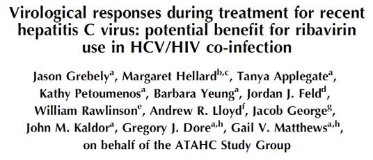 Are we treating it? What to treat with: Is ribavirin needed? HIV-/AHC PegIFN vs. HIV+/AHC PegIFN/RBV 24 wks treatment 80% adherent: n = 89 analyzed 4.19 vs 3.
