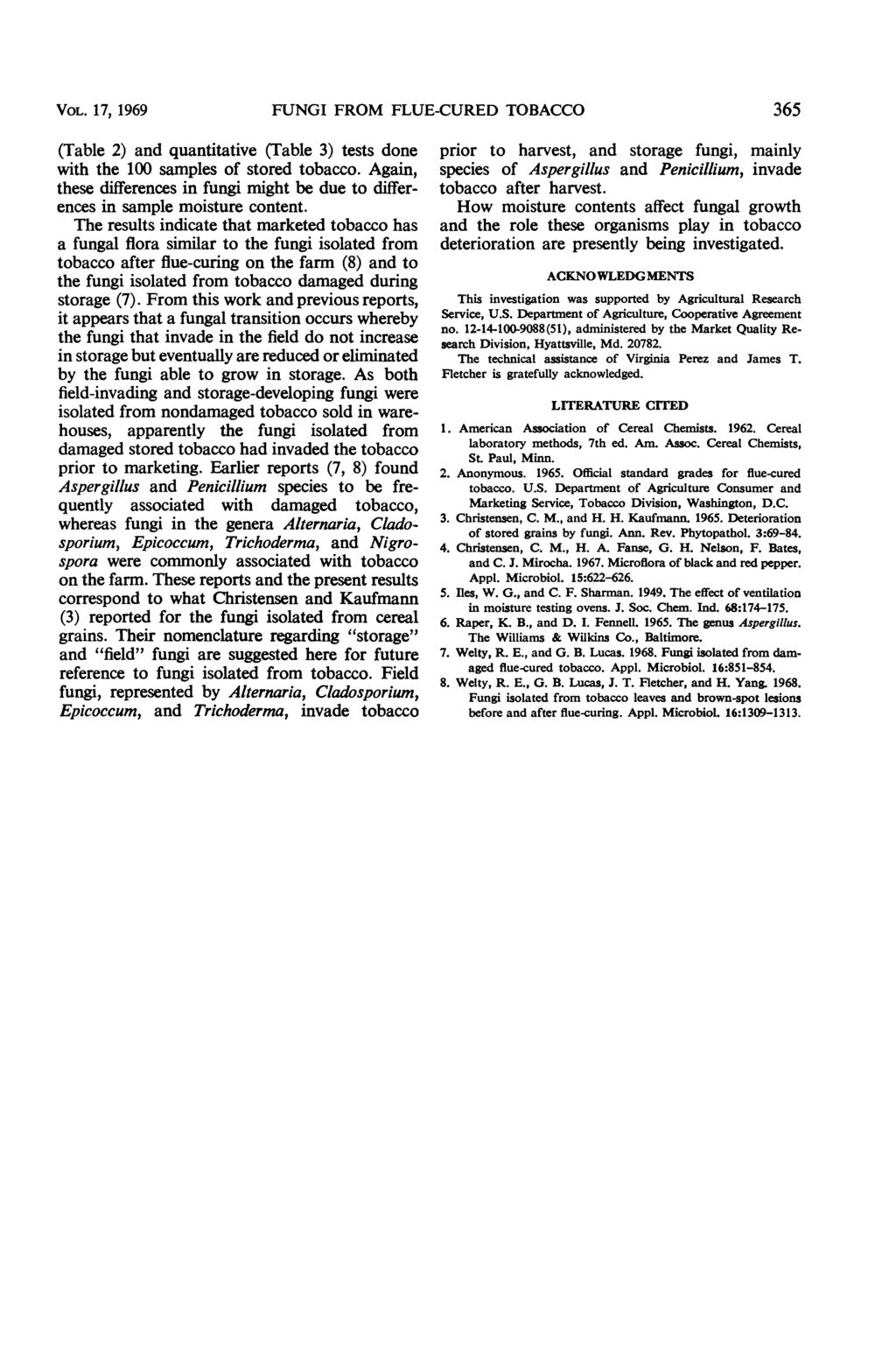 VOL. 17, 1969 FUNGI FROM FLUE-CURED TOBACCO 365 (Table 2) and quantitative (Table 3) tests done with the 100 samples of stored tobacco.