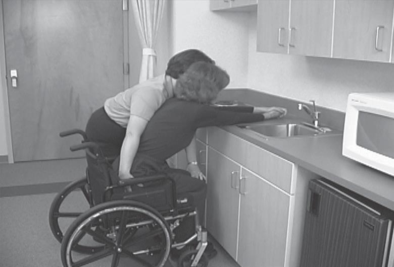 When a patient needing moderate assistance wants to come from sit to stand at the kitchen counter, bathroom sink, or any other stable surface, the following modifications will be helpful.