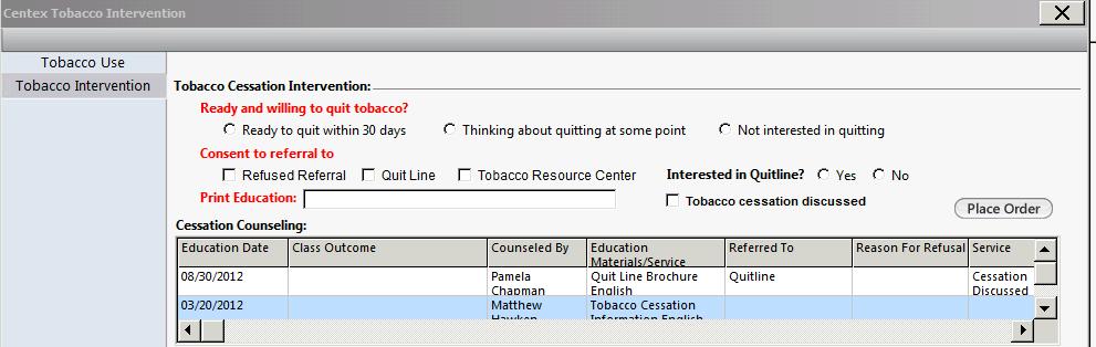 14. The Cessation Counseling grid in the Tobacco Intervention template shows the user a reverse chronological history of all cessation counseling attempts and prior referrals to the Quit Line or