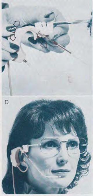 For thicker A plastic frames, slip eyeglass clip onto C desired side of glasses as shown in B illustration A For thin metal or wire frames, pull back tab on top of glasses clip (illustration B).