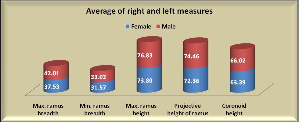 Figure 5: Mean of male and female on both sides DISCUSSION Determination of sex is a very important part of study in Anthropology and forensic science, as further investigations will be based on it.