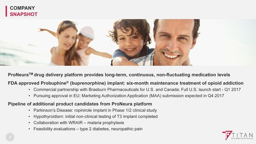 3 COMPANY SNAPSHOT ProNeura TM drug delivery platform provides long - term, continuous, non - fluctuating medication levels FDA approved Probuphine (buprenorphine) implant: six - month maintenance