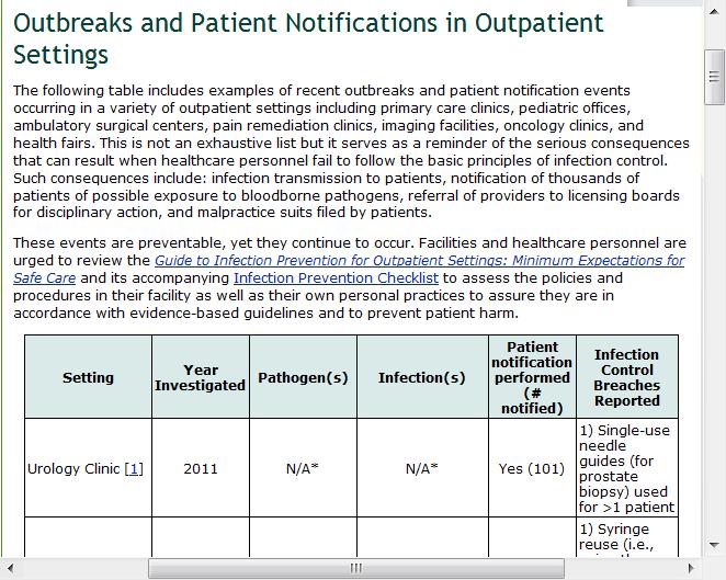 List of Outbreaks The outbreak in Nevada was a major event resulting in many changes in area of safe injection practices Patients were treated in outpatient endoscopy centers in Nevada CRNA or