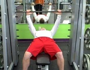 Rotate the bar so the locking mechanism is released, draw your abs in tight, and slowly lower the bar toward your chest.