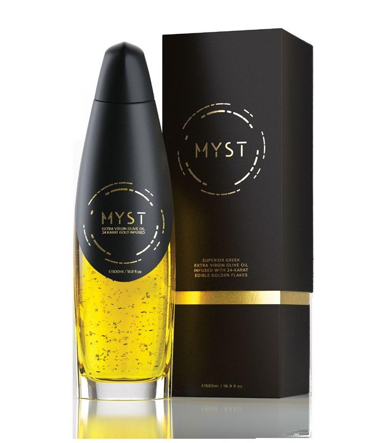 MYST GOLD Finest category of an gourmet extra virgin olive oil infused with 24-karat edible golden flakes. MYST GOLD contains 500 ml / 16.