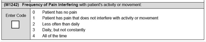 Improving Frequency of Pain Interfering with Patient s Activity or Movement Key Goal of the Multi-Disciplinary Pain Management team is to improve the OASIS M item Outcome NOT ONLY THE OASIS