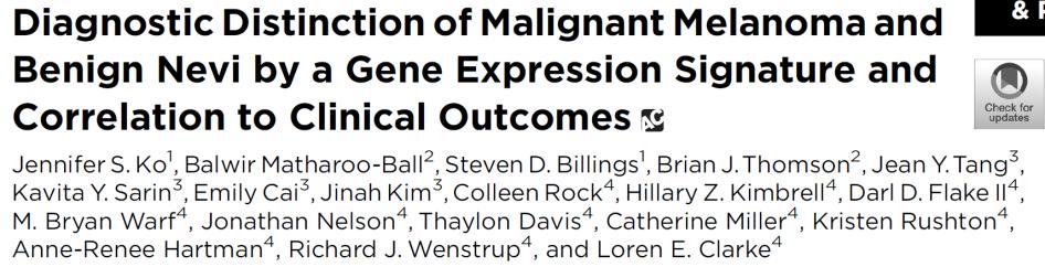 Gene expression signature correlates with clinical outcome All malignant lesions produced distant metastases and all