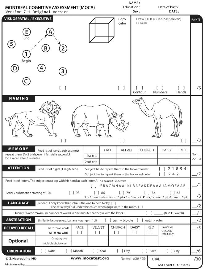 Montreal Cognitive Assessment - MoCA Paper based, 30-item test (10min) Originally designed to screen geriatric patients at risk of early dementia for mild cognitive