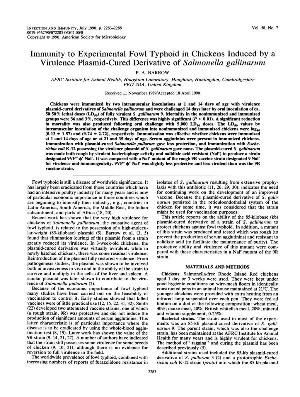 INFECTION AND IMMUNITY, JUlY 1990, p. 2283-2288 0019-9567/90/072283-06$02.00/0 Copyright C) 1990, Americn Society for Microbiology Vol. 58, No.