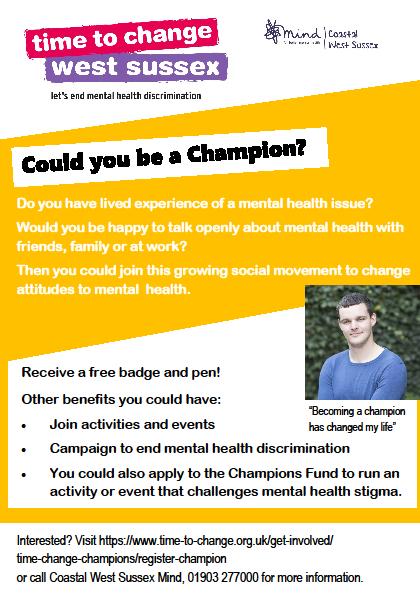 To be eligible, applicants must have signed up to become a Time to Change West Sussex Champion and be 18 or over, live in West Sussex and have lived experience of a mental health problem.