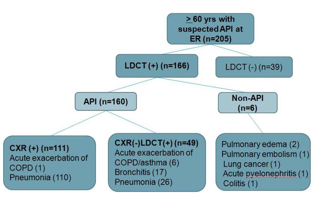 Results 205 patients (mean age, 75.9±9.2 yrs; range, 60-97 years) are studied who underwent LDCT from Jan. 2012 to May 2012 with suspicion of API at ER (Fig.1). Fig.