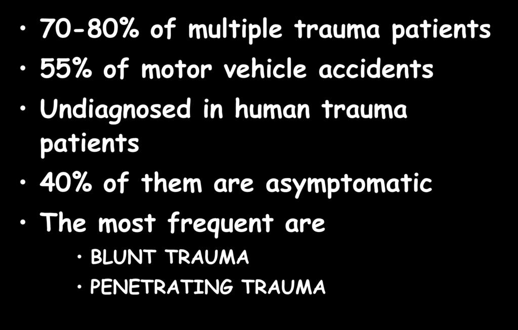 ABDOMINAL TRAUMA 70-80% of multiple trauma patients 55% of motor vehicle accidents Undiagnosed in