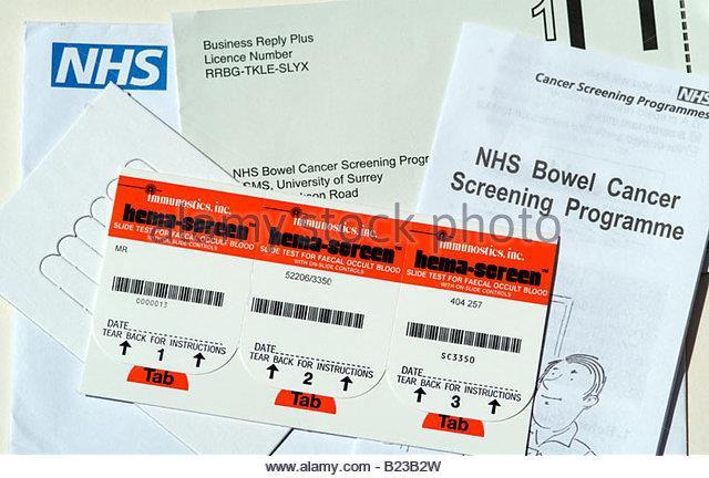 Bowel Cancer Screening Programme Offered every 2 years to all men and women aged 60 to 74 Information letter sent, followed by posted faecal occult blood sampling kit.
