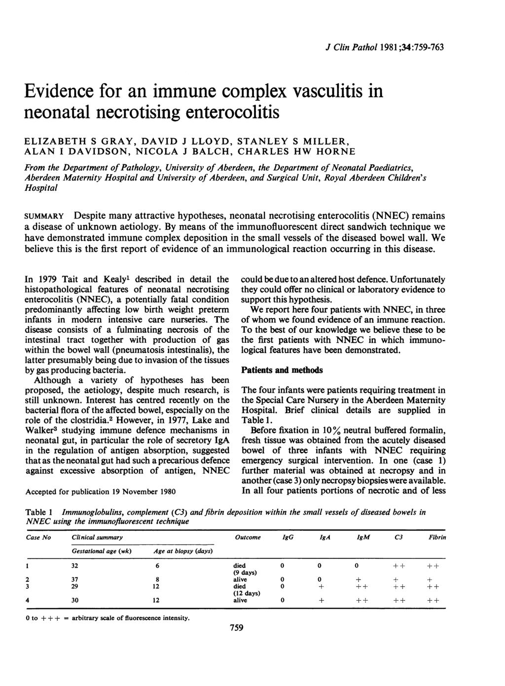 Evidence for an immune complex vasculitis in neonatal necrotising enterocolitis ELIZABETH S GRAY, DAVID J LLOYD, STANLEY S MILLER, ALAN I DAVIDSON, NICOLA J BALCH, CHARLES HW HORNE J Clin Pathol 1981