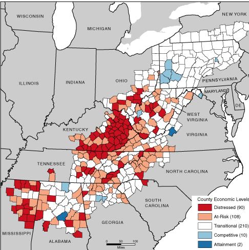 Rural Appalachia, Disparities Counties are classified as economically distressed based on