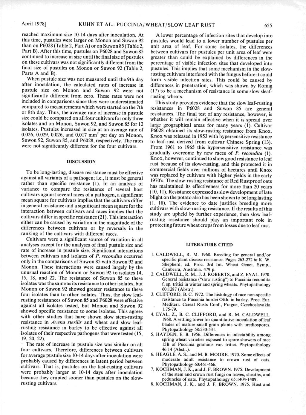 April 1978] KUHN ET AL.: PUCCINIA/ WHEAT/ SLOW LEAF RUST reached maximum size 10-14 days after inoculation.