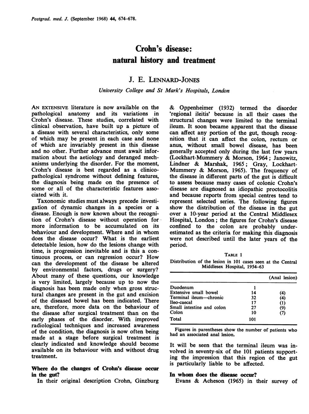 Postgrad. med. J. (September 1968) 44, 674-678. University Crohn's disease: natural history and treatment J. E.