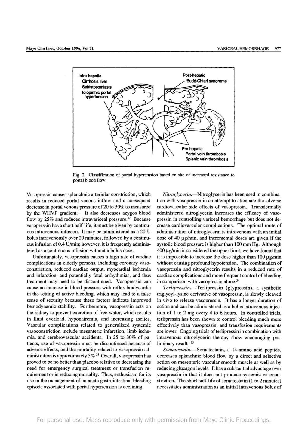 Mayo Clio Proc, October 1996, Vol 71 977 Intra-hepatic Cirrhosis liver SChistosomiasis Idiopathic portal hypertension Pre-hepatic Portal vein thrombosis Splenic vein thrombosis Fig. 2.
