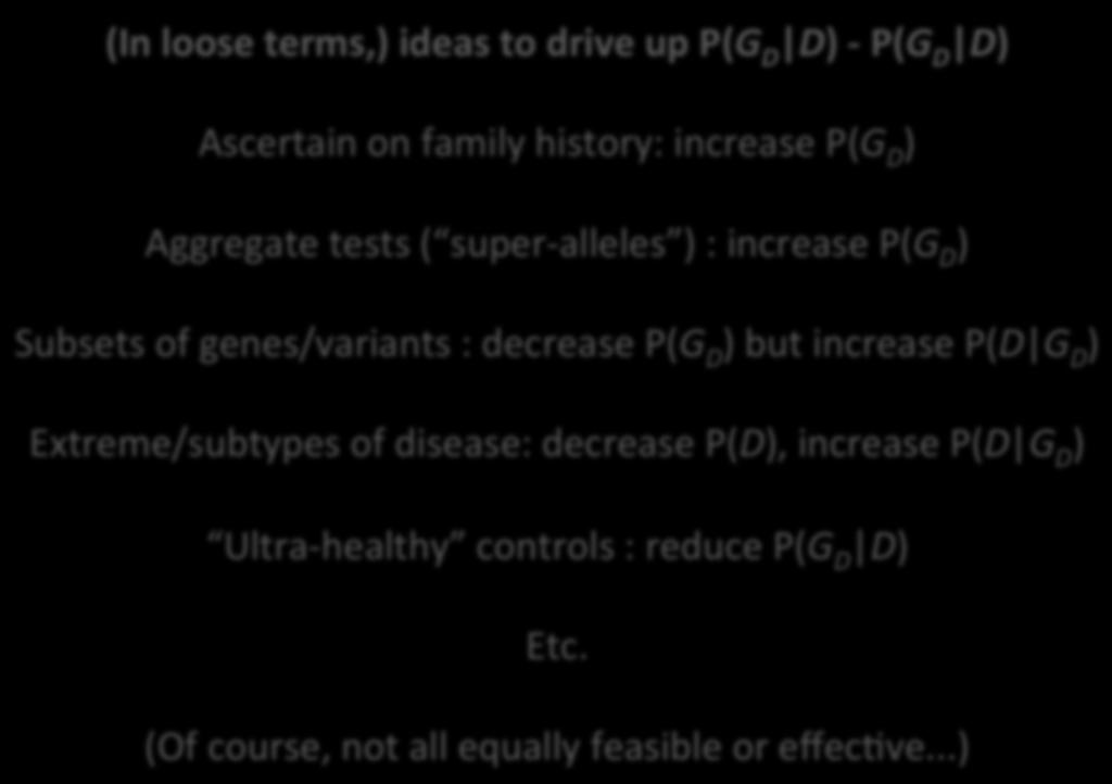 Ways to improve power beyond ñ sample N P(D) P(G D ) MED/LOW (In loose terms,) ideas to drive up P(G D D) - P(G D D) Prevalence of disease Ascertain on family history: increase P(G D ) LOW Prior