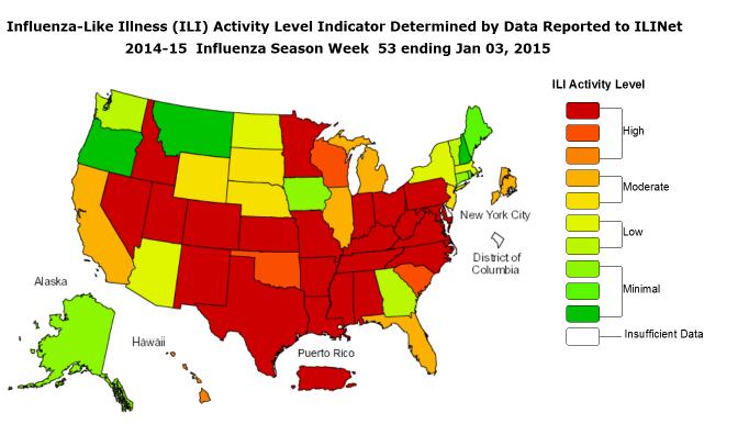 US Data (from CDC FluView): During week 53 (December 28, 2014-January 3, 2015), influenza activity continued at elevated levels in the United States.