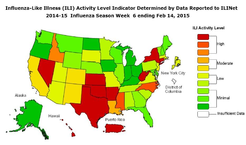 US Data (from CDC FluView): During week 6 (February 8-14, 2015), influenza activity decreased, but remained elevated in the United States.