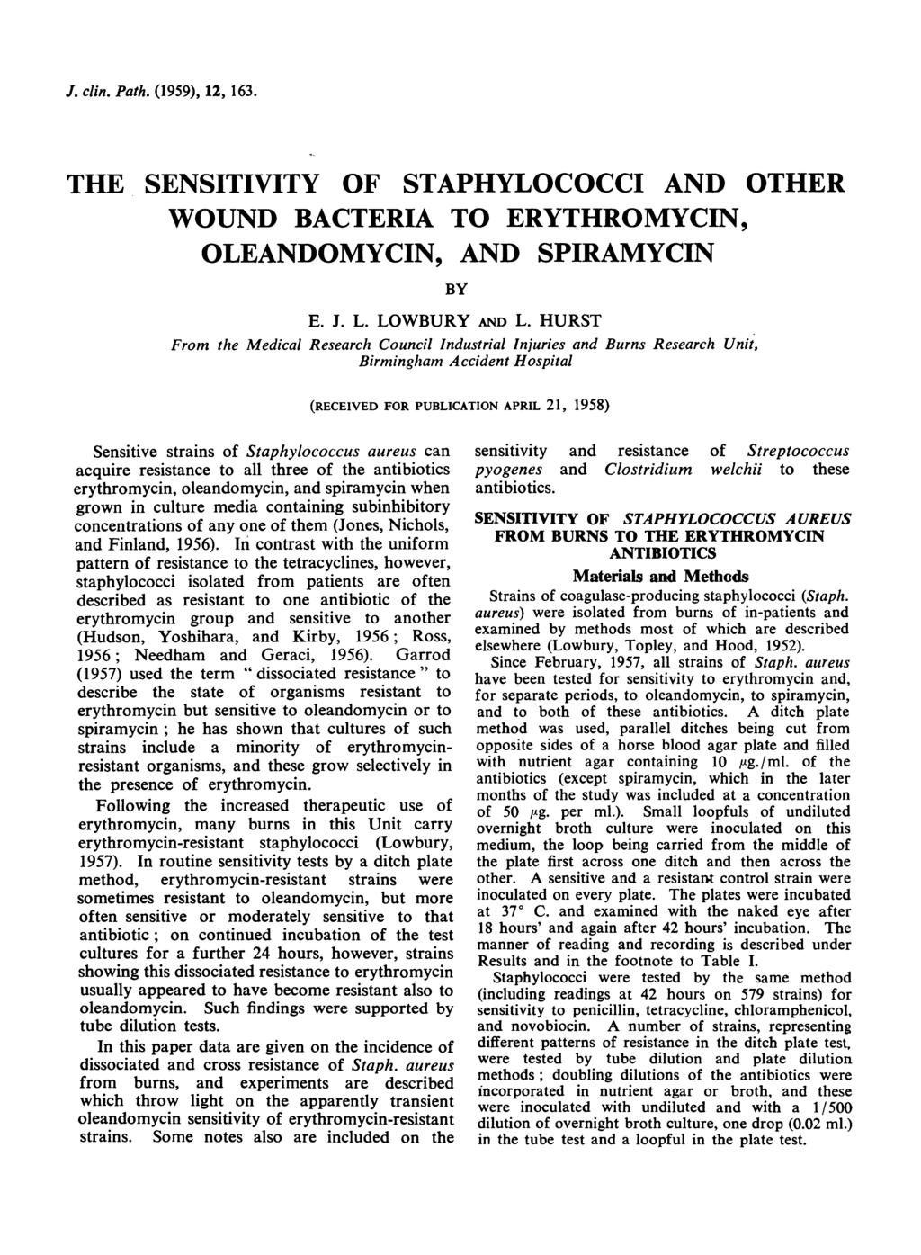 J. clin. Path. (1959), 12, 163. THE SENSITIVITY OF STAPHYLOCOCCI AND OTHER WOUND BACTERIA TO ERYTHROMYCIN, OLEANDOMYCIN, AND SPIRAMYCIN BY E. J. L. LOWBURY AND L.