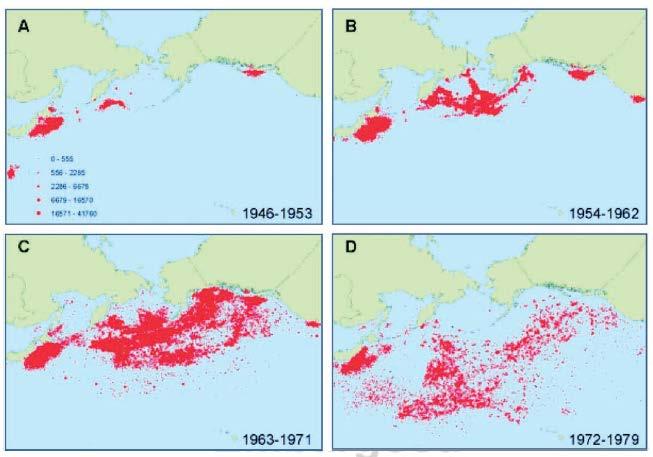 ii) industrial whaling depleted large whales in the north Pacific N Pacific right, bowhead, humpback, blue, gray whales depleted by early 1900s Early post-war industrial whaling focused in far