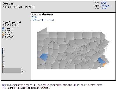 Overdose Deaths in Pennsylvania (cont d) In 1990, note for the 64 grey counties, the death rate is too low to be accurately counted, at less than 3 deaths