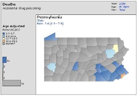 Overdose Deaths in Pennsylvania (cont d) In 2000, note for the 52 grey counties, the death rate is too low to be accurately counted, at less than 3 deaths per 1,000