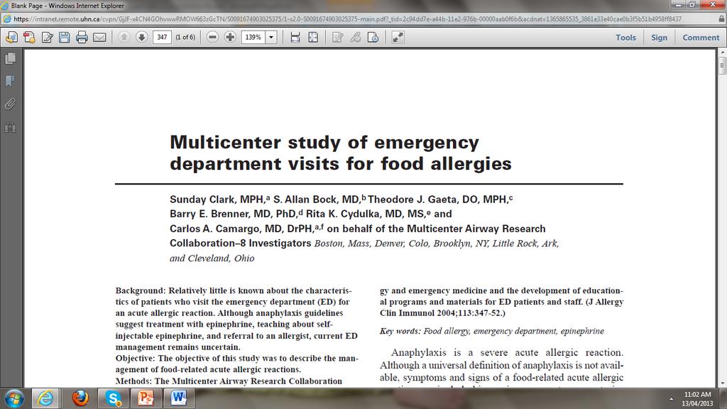 Multicenter chart review of 21 ED s in North America: 678 patients in 1999 72% received antihistamines 48% received steroids 16% received epinephrine 55% severe acute allergic