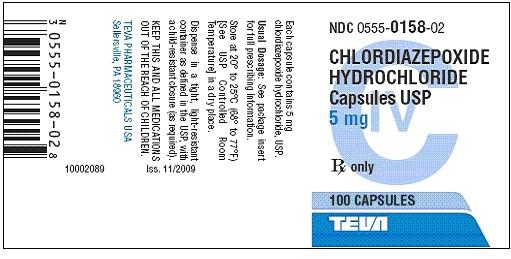Chlordiazepoxide Hydrochloride Caps ules USP 5 mg 100s Label Text NDC 0555-0158-02 CHLORDIAZEPOXIDE HYDROCHLORIDE Caps ules USP 5 mg Rx only