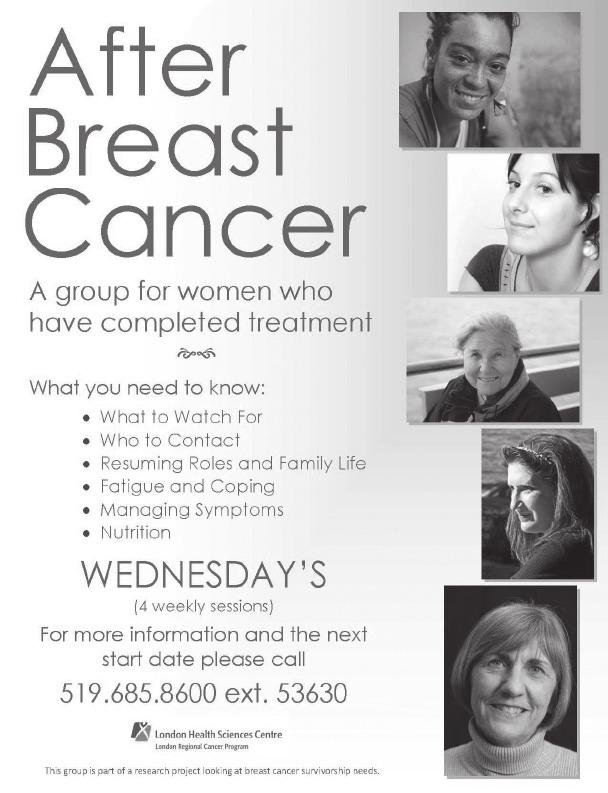 completed treatment A support group for women who have finished their treatment for breast cancer is available at LRCP. The group meets once a week for 4 sessions.