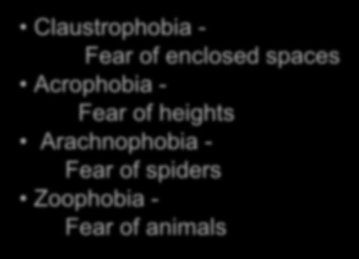 Claustrophobia - Fear of enclosed spaces Acrophobia - Fear of