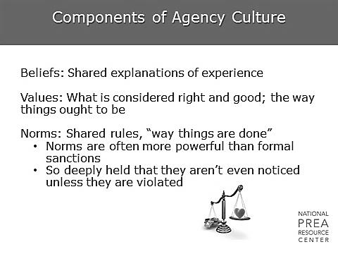 Ask: What does the class think influences this agency culture? What makes up an agency s culture? Beliefs.