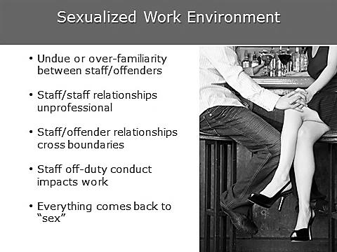 where sex permeates everything jokes, appearances, relationships between staff. 1 min Sexualized Work Environment Sexualized Work Environment Does this agency have a sexualized work environment?