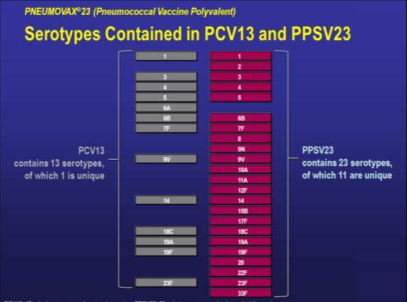 Pneumococccal Infections in Adults >65 years for Adults PPV vs PCV PPV covers more serotypes PCV may give better Ab response generally true that conjugate better than polysaccharide, but data not yet