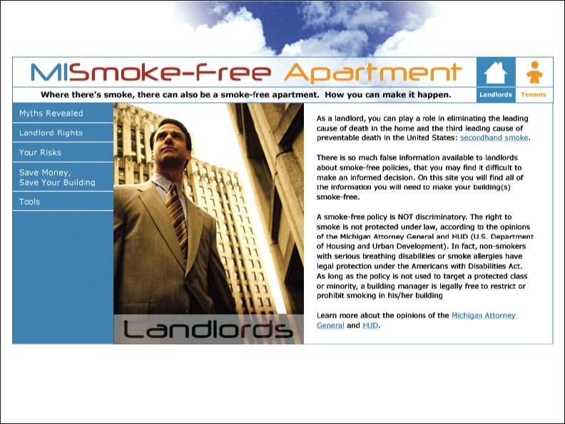 smoke-free apartments on web site Surveys of smoke-free apartment availability Technical assistance from SFELP Press releases and media initiatives Radio