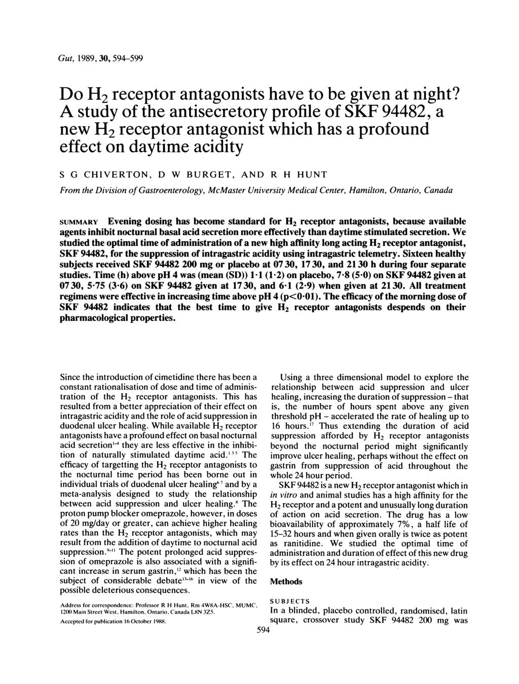 Gut, 1989, 3, 59-599 Do H2 receptor antagonists have to be given at night?