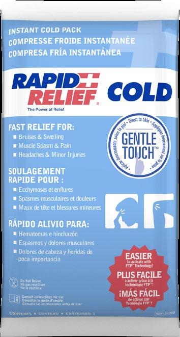 Rapid Relief Instant Cold Pack with Gentle Touch technology features a soft touch material that can be placed directly against the skin, providing convenience and comfort