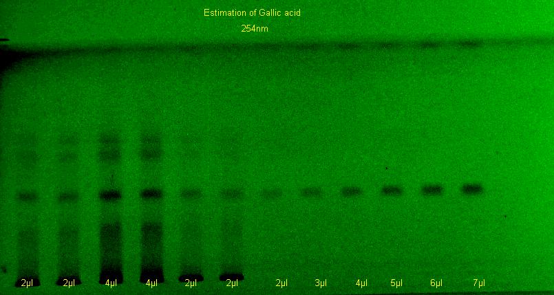 Development of the chromatogram The TLC plate was developed in a camag twin trough glass tank which was presaturated with developing solvent Toluene: ethyl acetate: Formic acid (6:4:0.8 v/v/v).