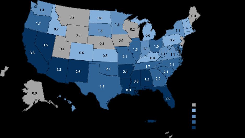 Primary and Secondary Syphilis Rates of Reported Cases Among Women by State,