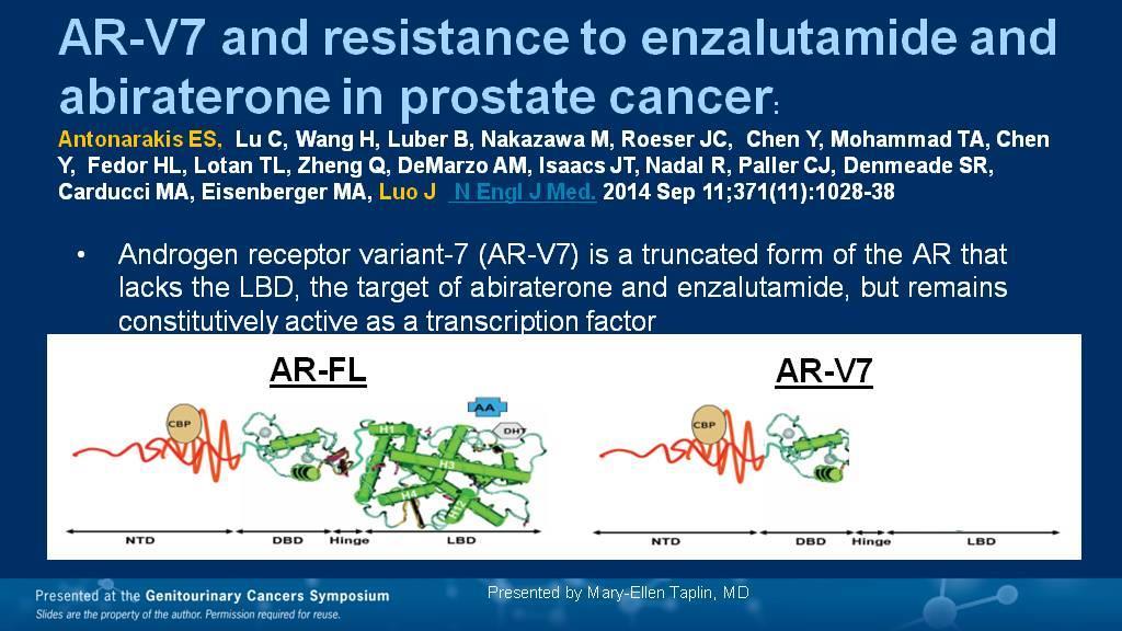 AR-V7 AND RESISTANCE TO ENZALUTAMIDE AND ABIRATERONE IN PROSTATE CANCER: <BR />ANTONARAKIS ES, LU C, WANG H, LUBER B, NAKAZAWA M, ROESER JC, CHEN Y, MOHAMMAD TA, CHEN Y, FEDOR HL, LOTAN TL, ZHENG Q,