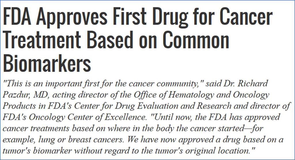 Paradigm Shift in Oncology Treatment: Keytruda (pembrolizumab) FDA approves first cancer treatment for any solid tumor with a specific genetic feature FDA. FDA news release.