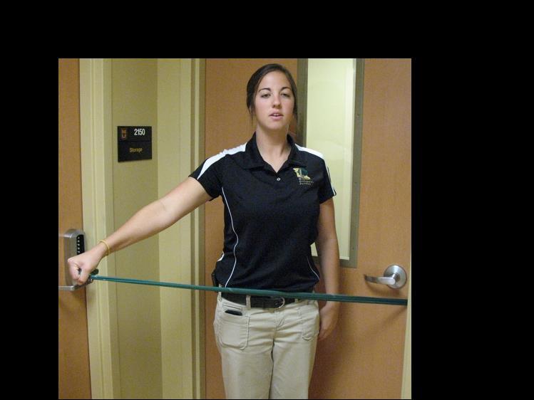 Complete a set of 10 External Rotation Begin with elbow bent to 90 degrees, at your side.