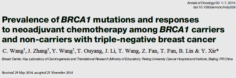 Annals of Oncology 2015 BRCA1 mutation among TNBC patients who were diagnosed at or before the age of 50