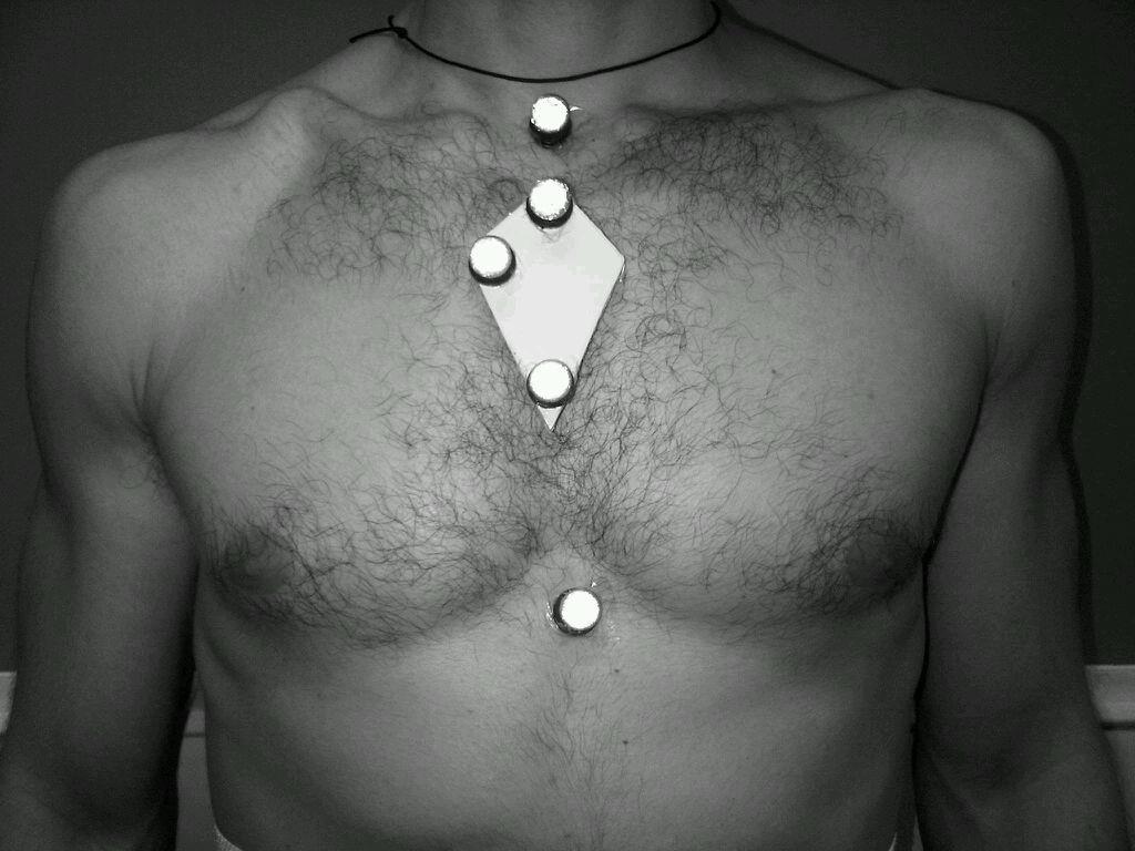 Figure 1b: The rigid cluster, mounted at the top of the sternum, used to track the motion of the thorax. Each subject ran over ground along a 32m running track at 5.6 (±2.