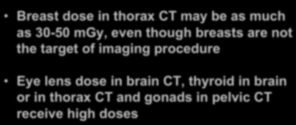 Organ doses in CT Breast dose in thorax CT may be as much as 30-50 mgy, even though breasts are not the target of